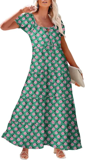 Women's Boho Maxi Dresses Floral Short Sleeve Dresses Summer Casual Flowy Swing Sundress Loose Beach Dress