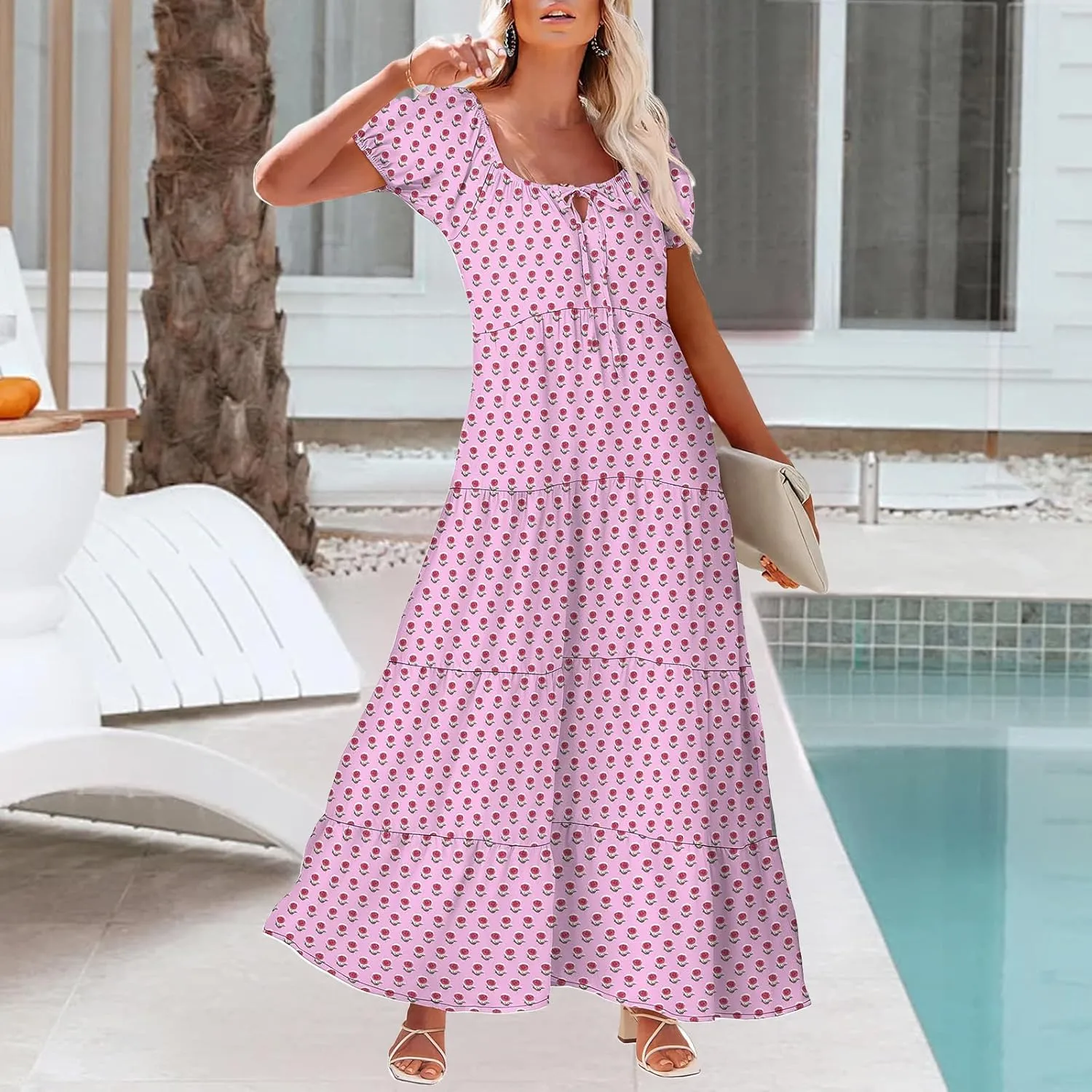 Women's Boho Maxi Dresses Floral Short Sleeve Dresses Summer Casual Flowy Swing Sundress Loose Beach Dress