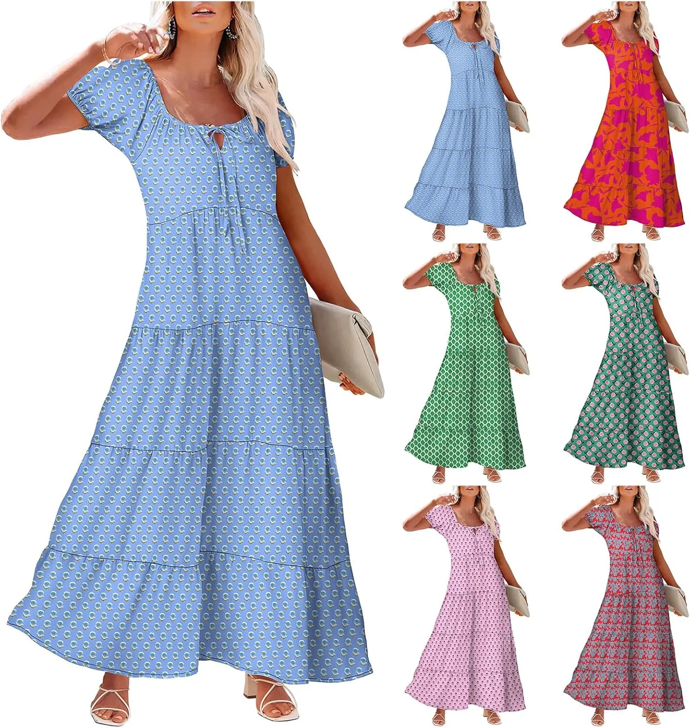 Women's Boho Maxi Dresses Floral Short Sleeve Dresses Summer Casual Flowy Swing Sundress Loose Beach Dress