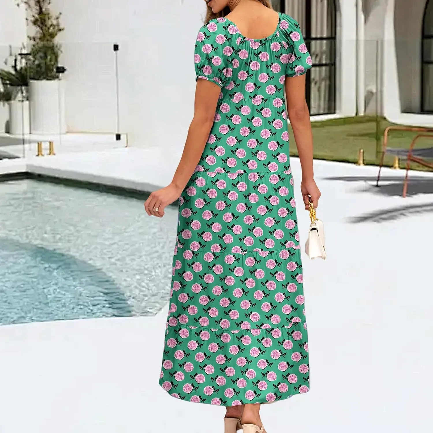 Women's Boho Maxi Dresses Floral Short Sleeve Dresses Summer Casual Flowy Swing Sundress Loose Beach Dress