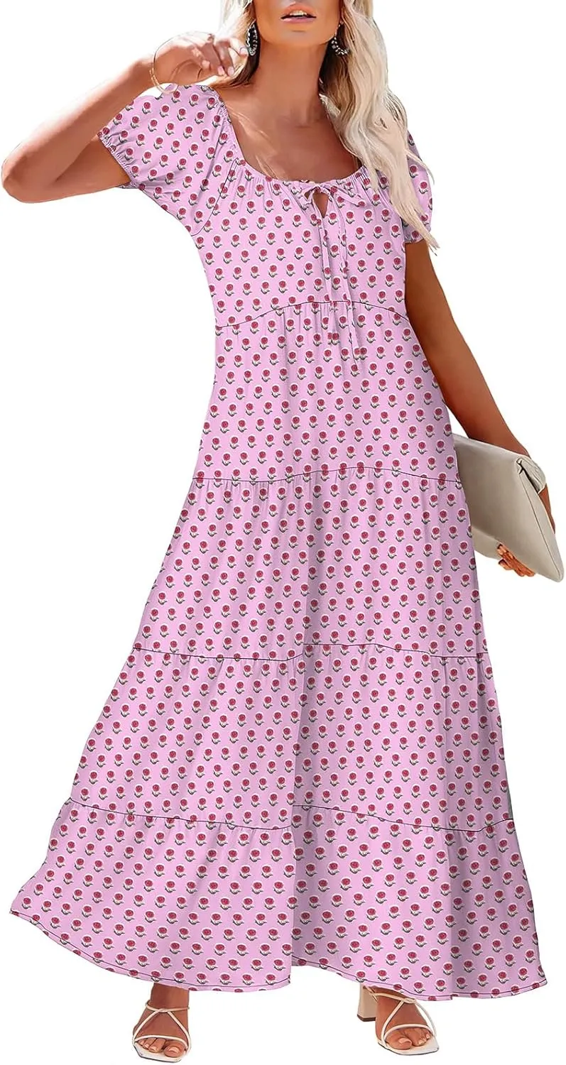 Women's Boho Maxi Dresses Floral Short Sleeve Dresses Summer Casual Flowy Swing Sundress Loose Beach Dress