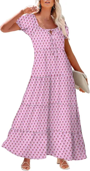Women's Boho Maxi Dresses Floral Short Sleeve Dresses Summer Casual Flowy Swing Sundress Loose Beach Dress