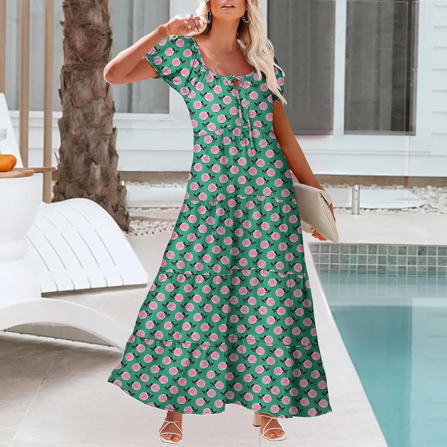 Women's Boho Maxi Dresses Floral Short Sleeve Dresses Summer Casual Flowy Swing Sundress Loose Beach Dress