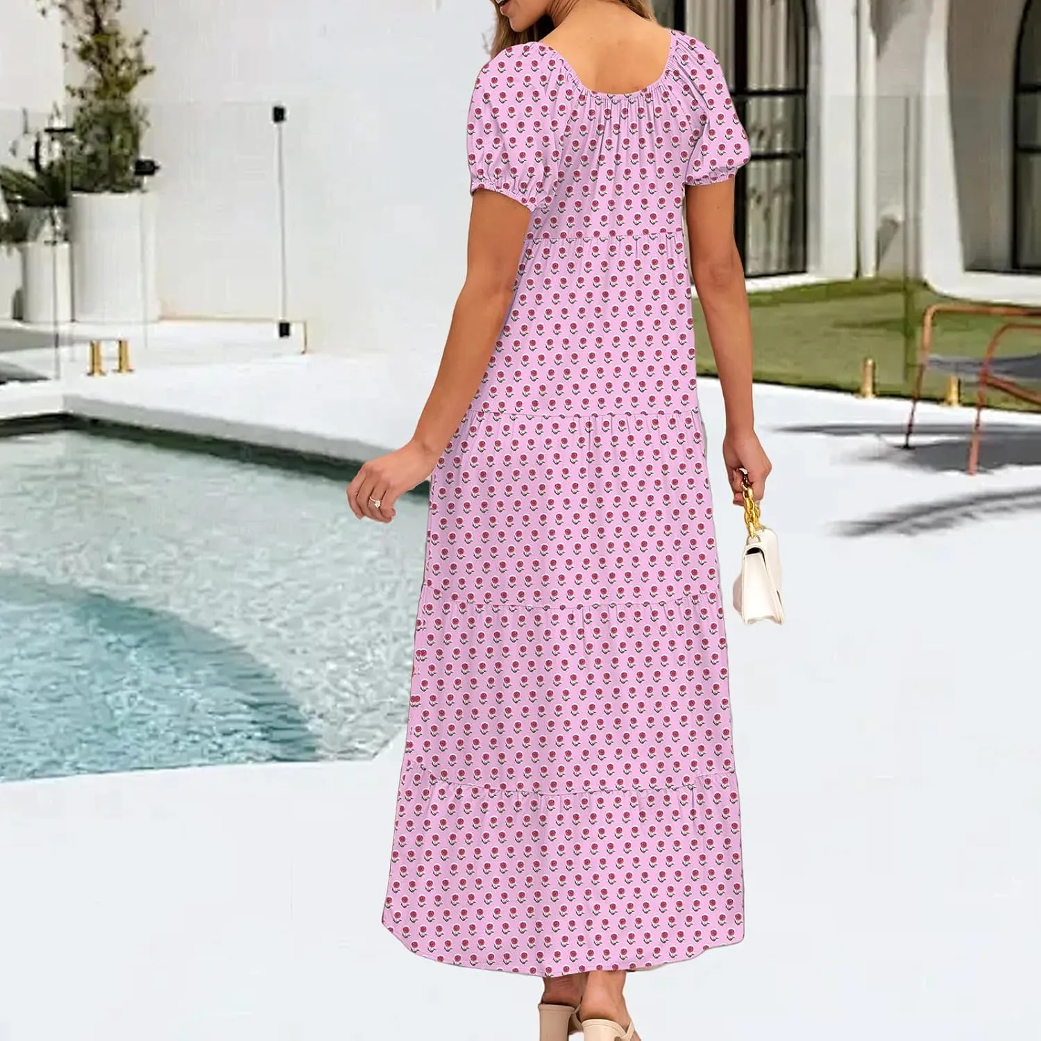 Women's Boho Maxi Dresses Floral Short Sleeve Dresses Summer Casual Flowy Swing Sundress Loose Beach Dress