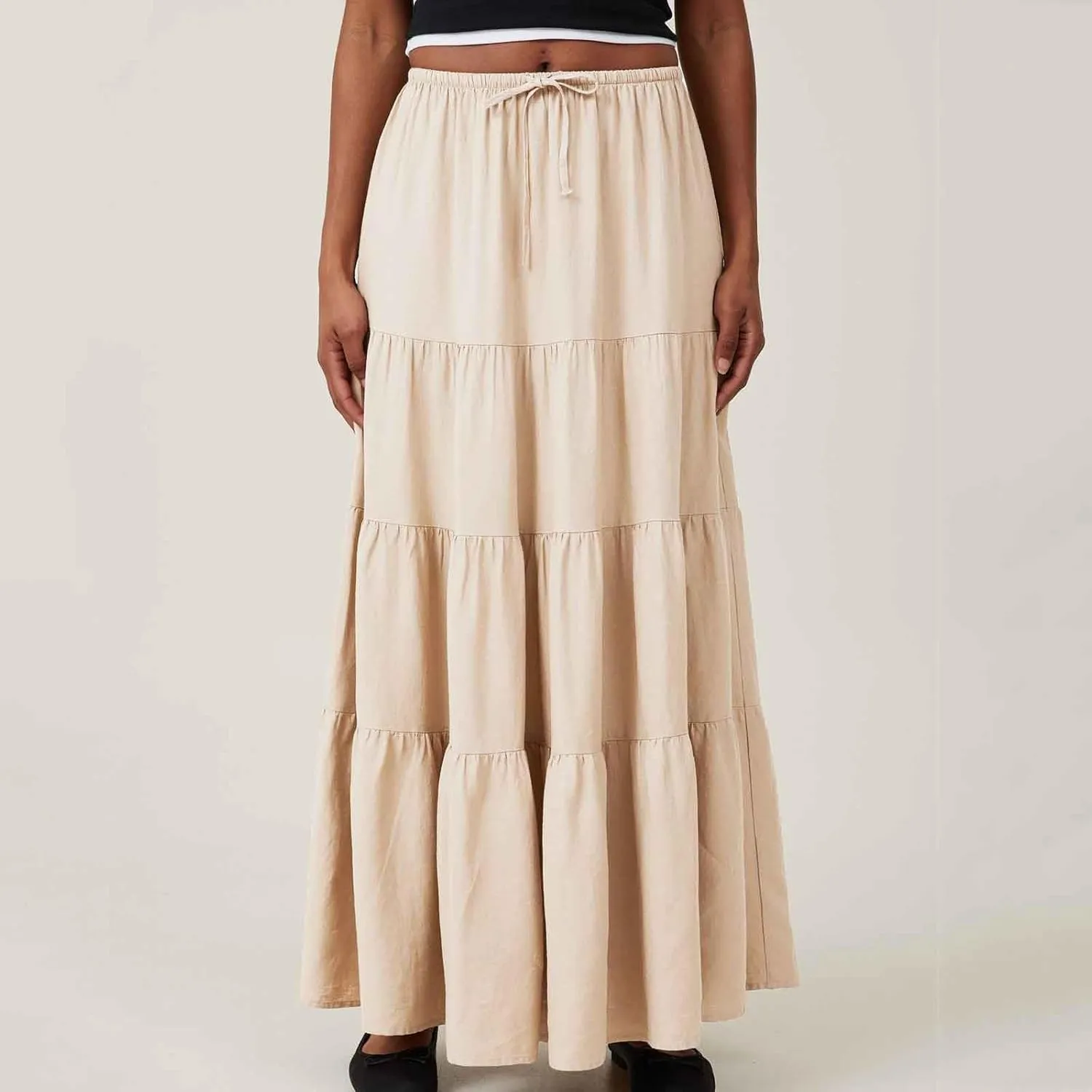 Womens Boho Maxi Skirt Solid Ruffle Swing Elastic High Waisted Pleated Flowy Skirts 2025 Trendy Summer Beach Skorts