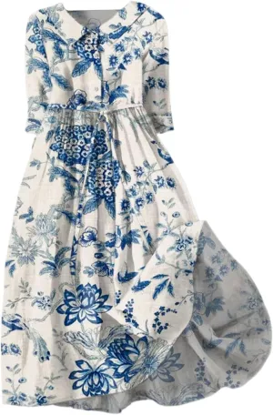 Womens Button Down Dress Floral Boho Short Sleeve Dresses Fashion Korean Style Plus Size Midi Dress