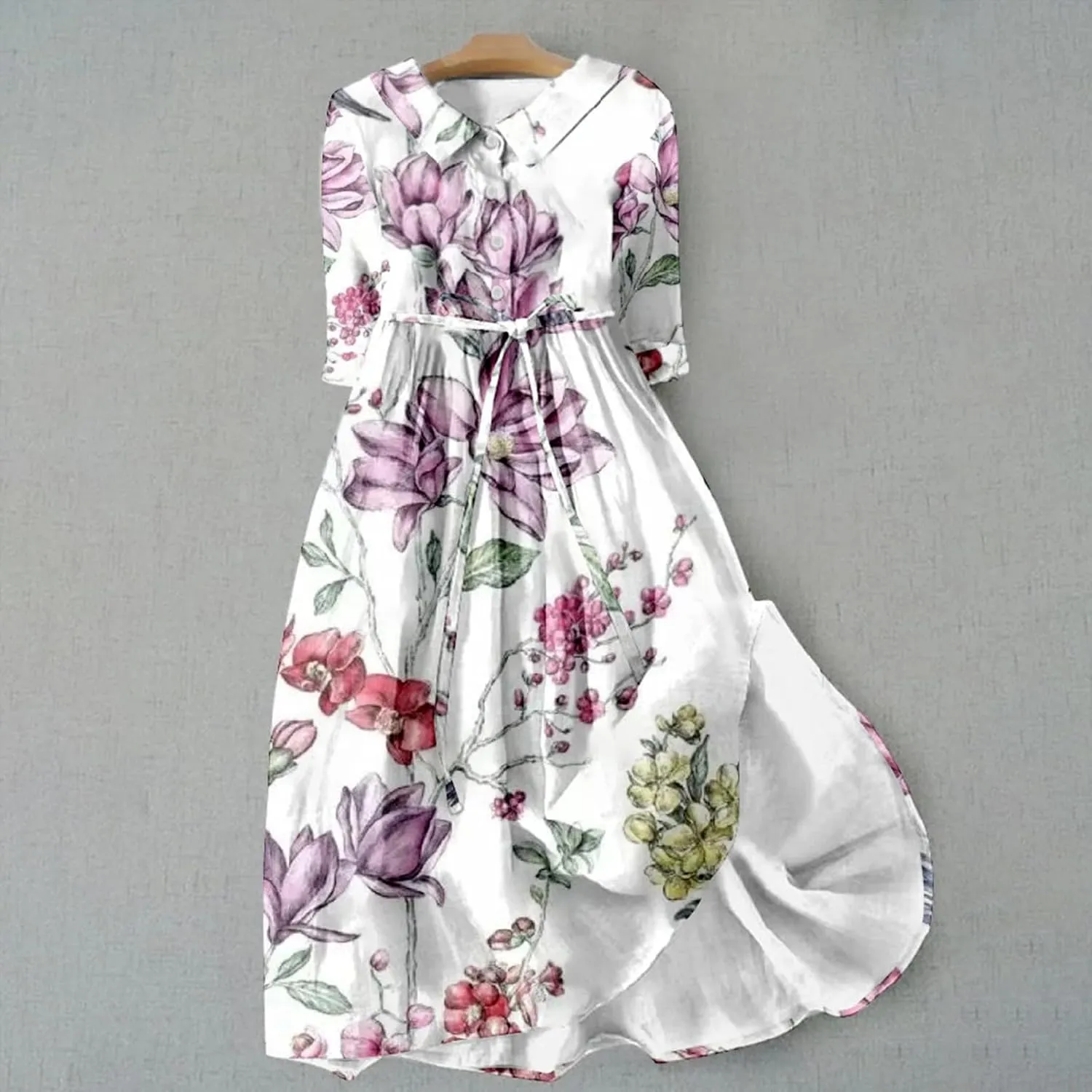 Womens Button Down Dress Floral Boho Short Sleeve Dresses Fashion Korean Style Plus Size Midi Dress