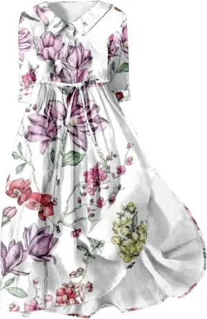 Womens Button Down Dress Floral Boho Short Sleeve Dresses Fashion Korean Style Plus Size Midi Dress