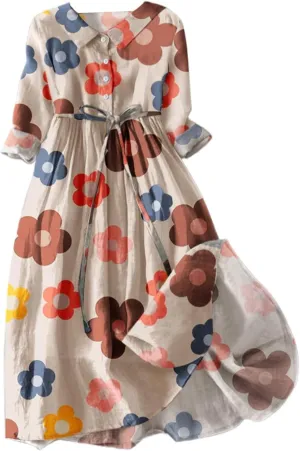 Womens Button Down Dress Floral Boho Short Sleeve Dresses Fashion Korean Style Plus Size Midi Dress