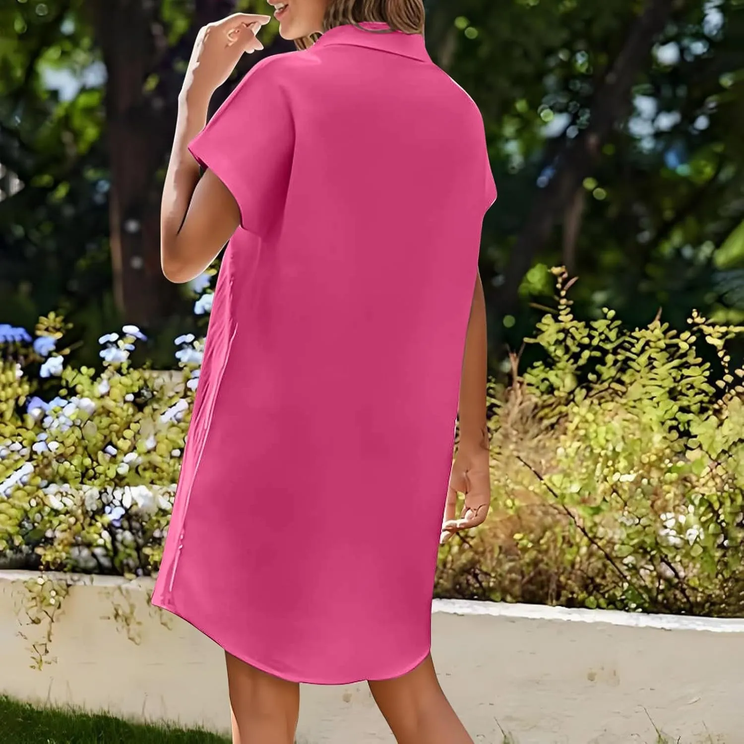 Womens Button Down Shirt Dresses with Pockets Stand Up Collar Short Sleeve Dresses Solid Loose Casual Tops