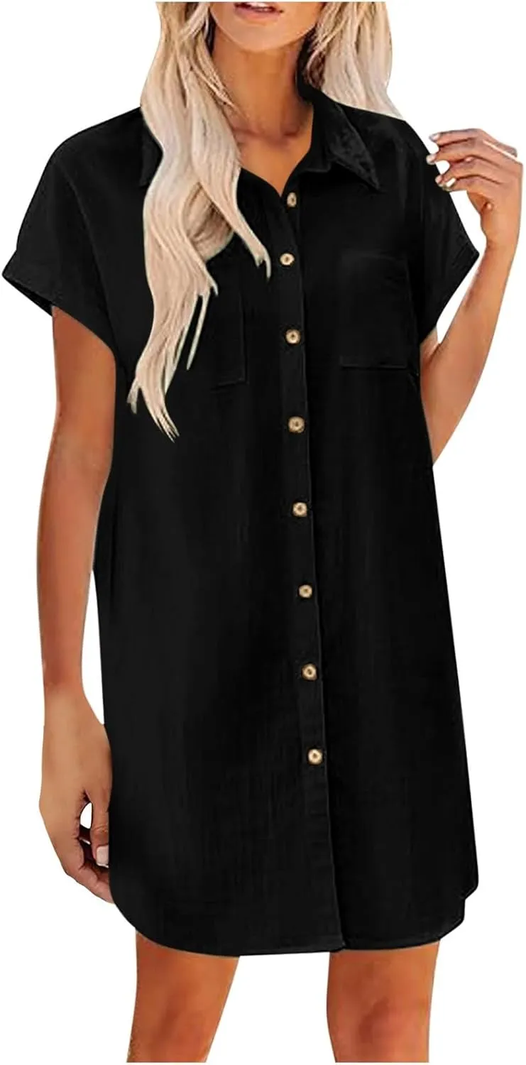 Womens Button Down Shirt Dresses with Pockets Stand Up Collar Short Sleeve Dresses Solid Loose Casual Tops