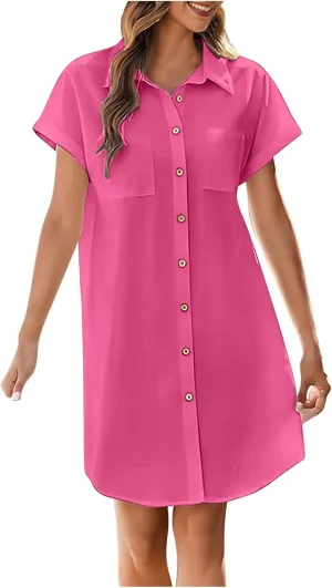 Womens Button Down Shirt Dresses with Pockets Stand Up Collar Short Sleeve Dresses Solid Loose Casual Tops