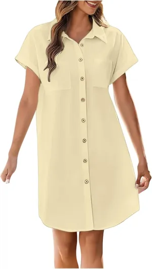 Womens Button Down Shirt Dresses with Pockets Stand Up Collar Short Sleeve Dresses Solid Loose Casual Tops