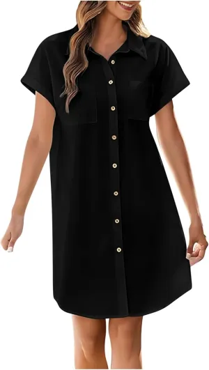 Womens Button Down Shirt Dresses with Pockets Stand Up Collar Short Sleeve Dresses Solid Loose Casual Tops