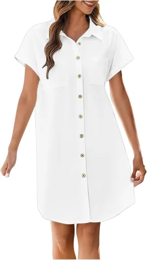 Womens Button Down Shirt Dresses with Pockets Stand Up Collar Short Sleeve Dresses Solid Loose Casual Tops