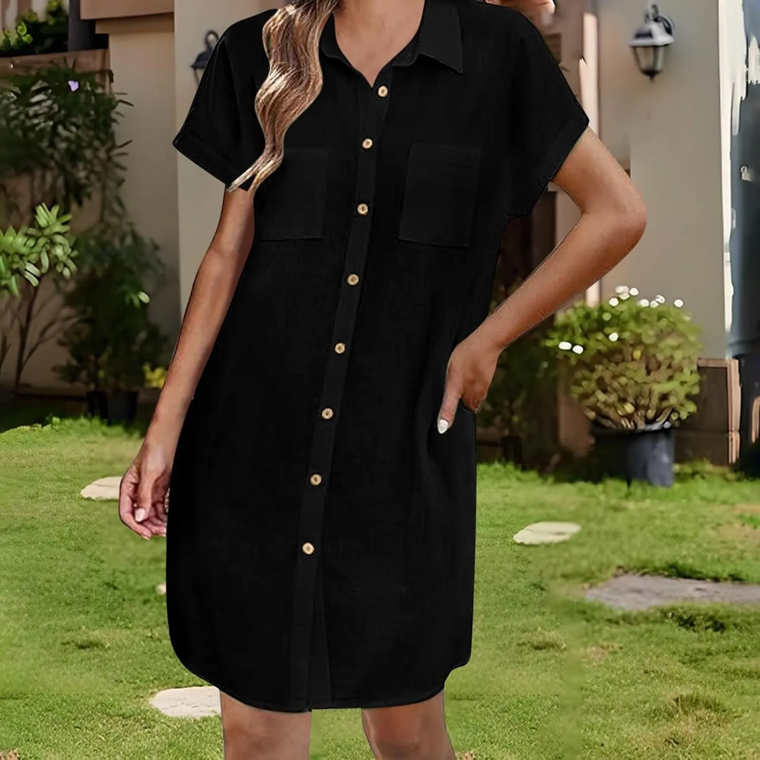Womens Button Down Shirt Dresses with Pockets Stand Up Collar Short Sleeve Dresses Solid Loose Casual Tops