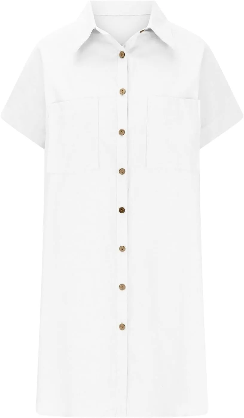 Womens Button Down Shirt Dresses with Pockets Stand Up Collar Short Sleeve Dresses Solid Loose Casual Tops