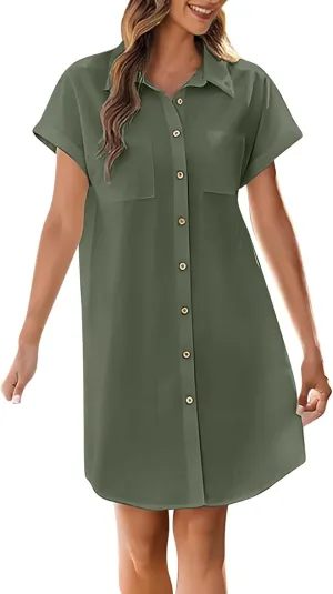 Womens Button Down Shirt Dresses with Pockets Stand Up Collar Short Sleeve Dresses Solid Loose Casual Tops