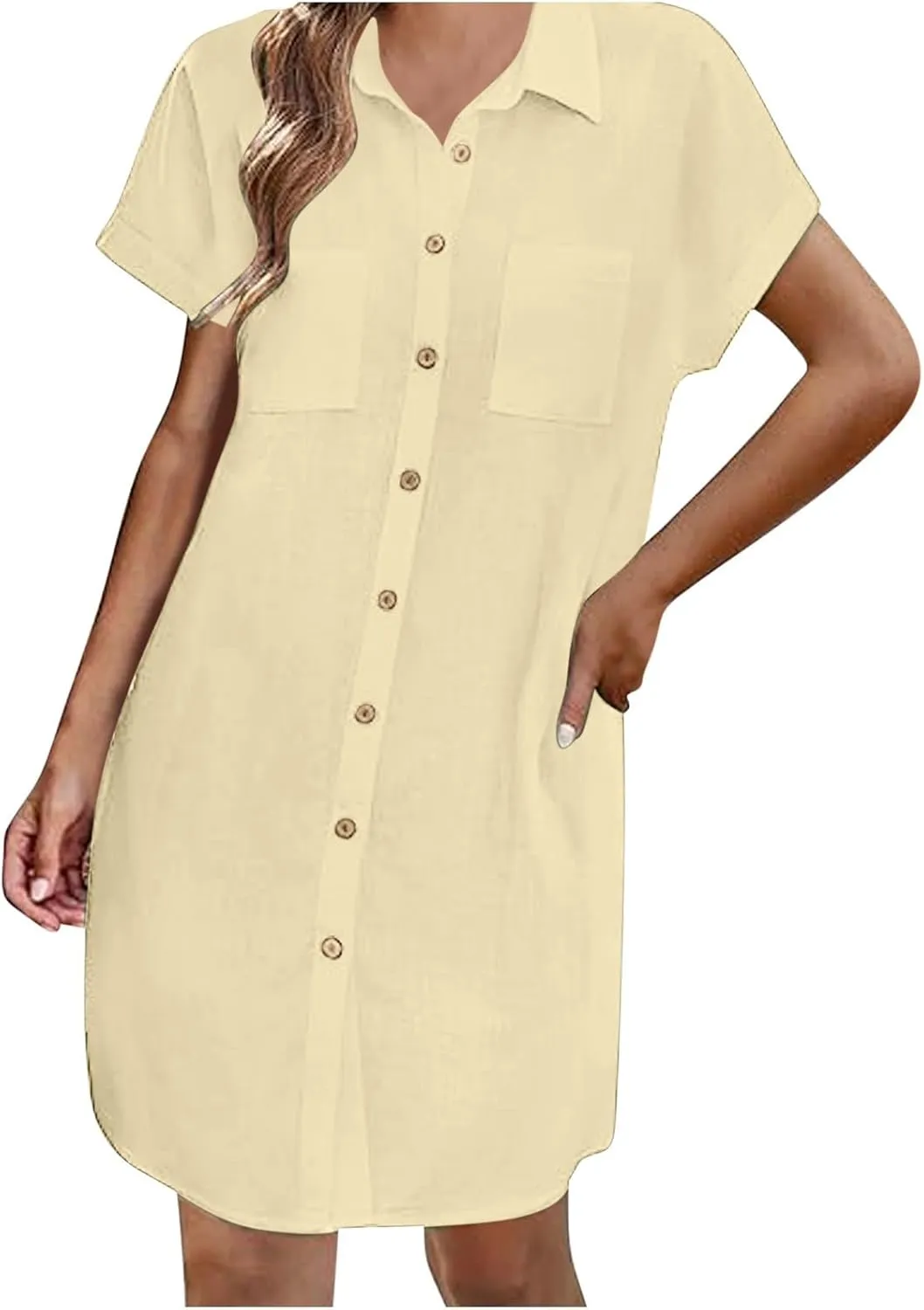 Womens Button Down Shirt Dresses with Pockets Stand Up Collar Short Sleeve Dresses Solid Loose Casual Tops