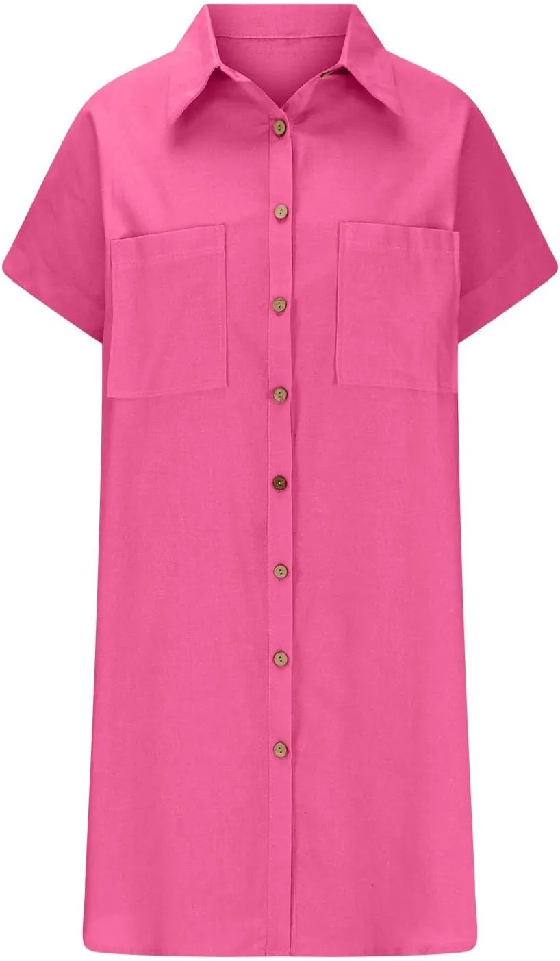 Womens Button Down Shirt Dresses with Pockets Stand Up Collar Short Sleeve Dresses Solid Loose Casual Tops