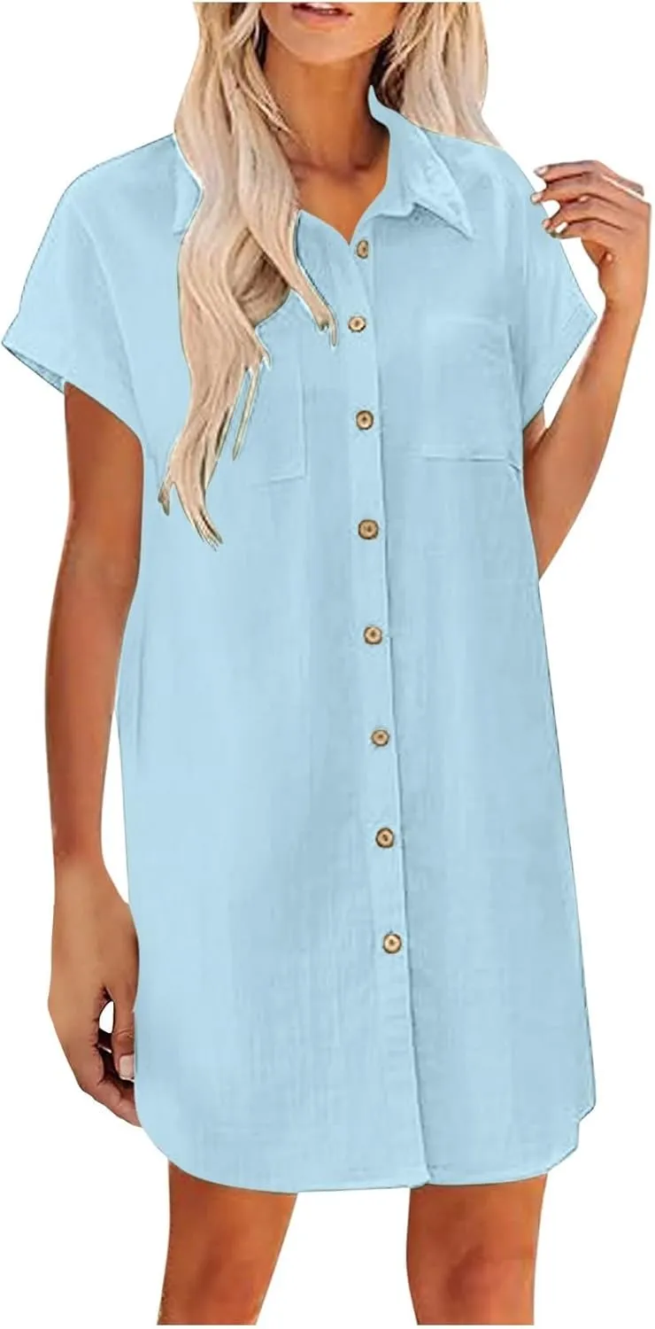 Womens Button Down Shirt Dresses with Pockets Stand Up Collar Short Sleeve Dresses Solid Loose Casual Tops