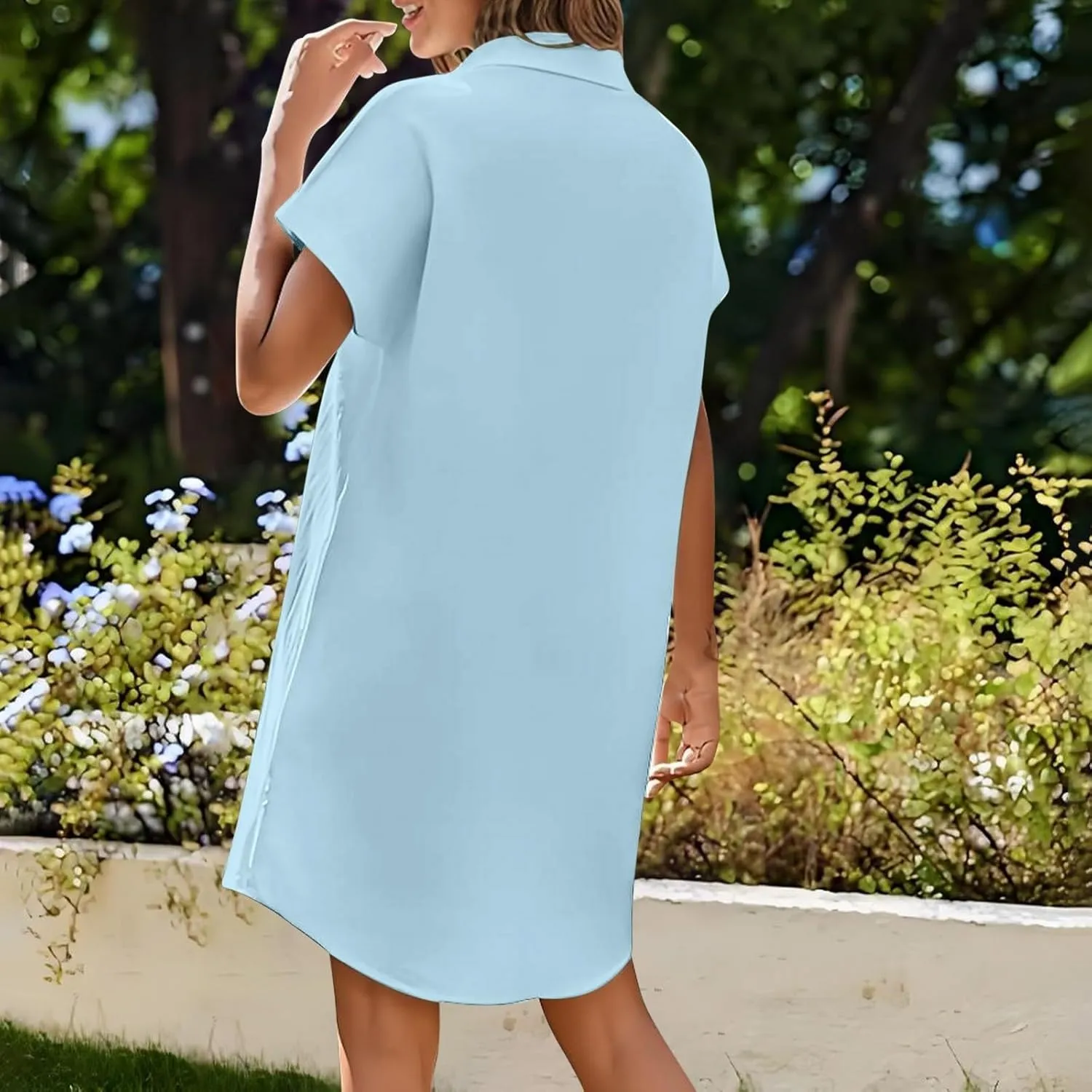 Womens Button Down Shirt Dresses with Pockets Stand Up Collar Short Sleeve Dresses Solid Loose Casual Tops