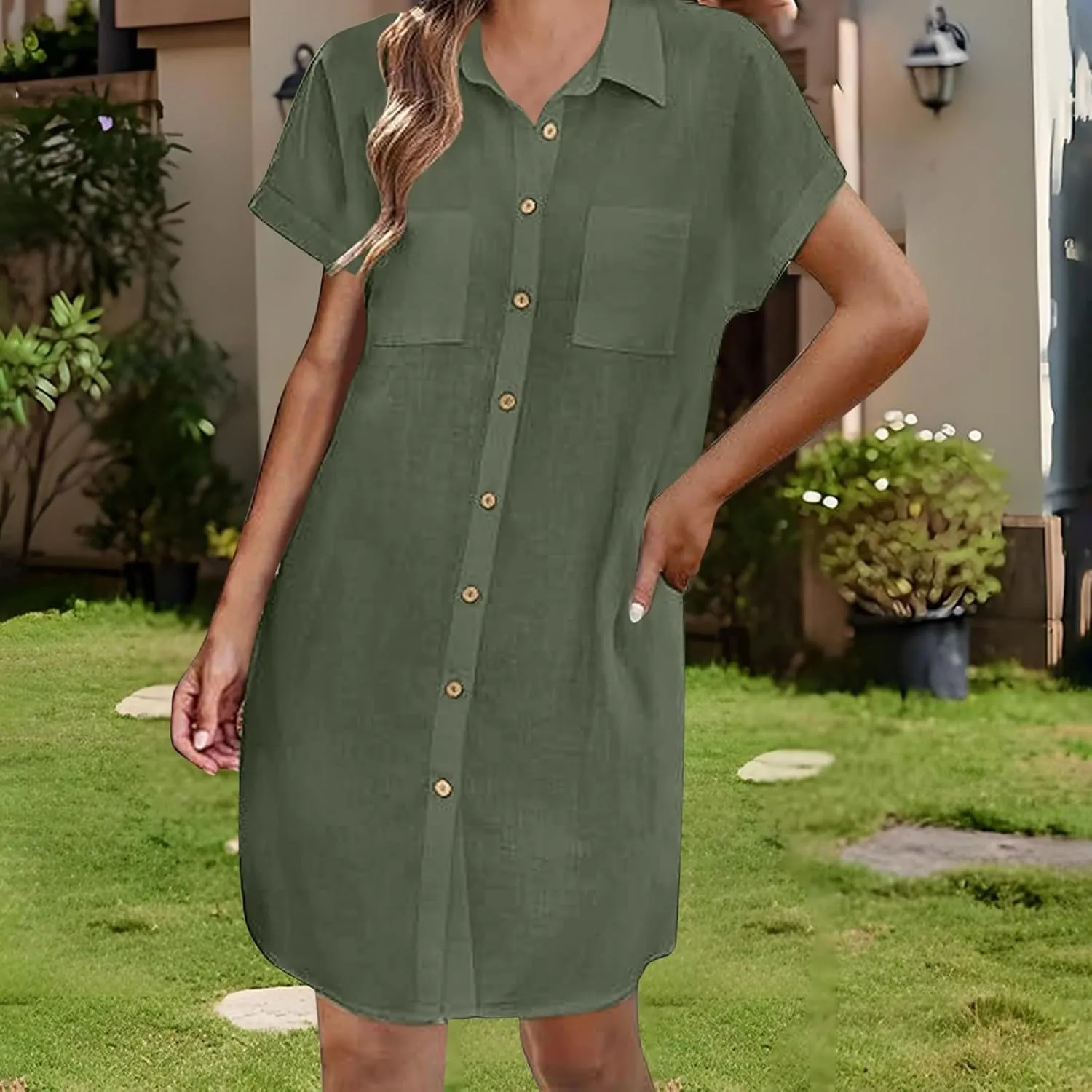 Womens Button Down Shirt Dresses with Pockets Stand Up Collar Short Sleeve Dresses Solid Loose Casual Tops