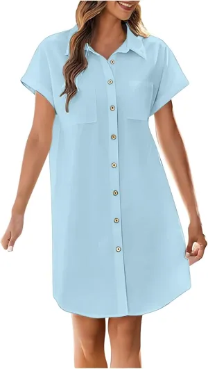 Womens Button Down Shirt Dresses with Pockets Stand Up Collar Short Sleeve Dresses Solid Loose Casual Tops