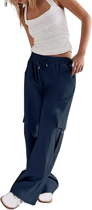 Womens Cargo Pants Casual High Waist Stretch Drawstring Straight Wide Leg Trousers Summer Baggy Trousers with Pockets