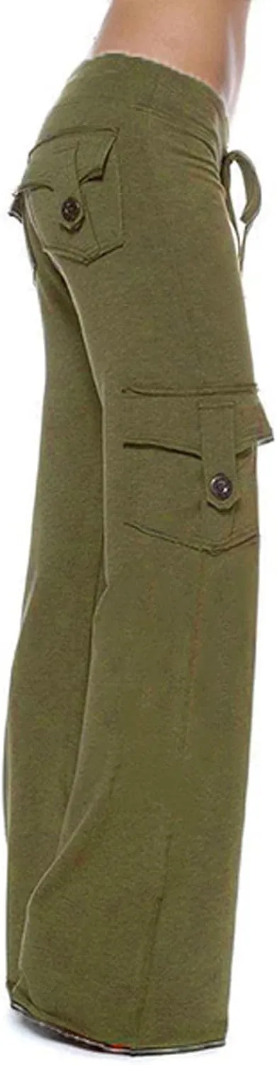 Womens Cargo Pants High Waisted Wide Leg Trousers Elastic Waist Stretch Drawstring Casual Cargo Pants with Pockets