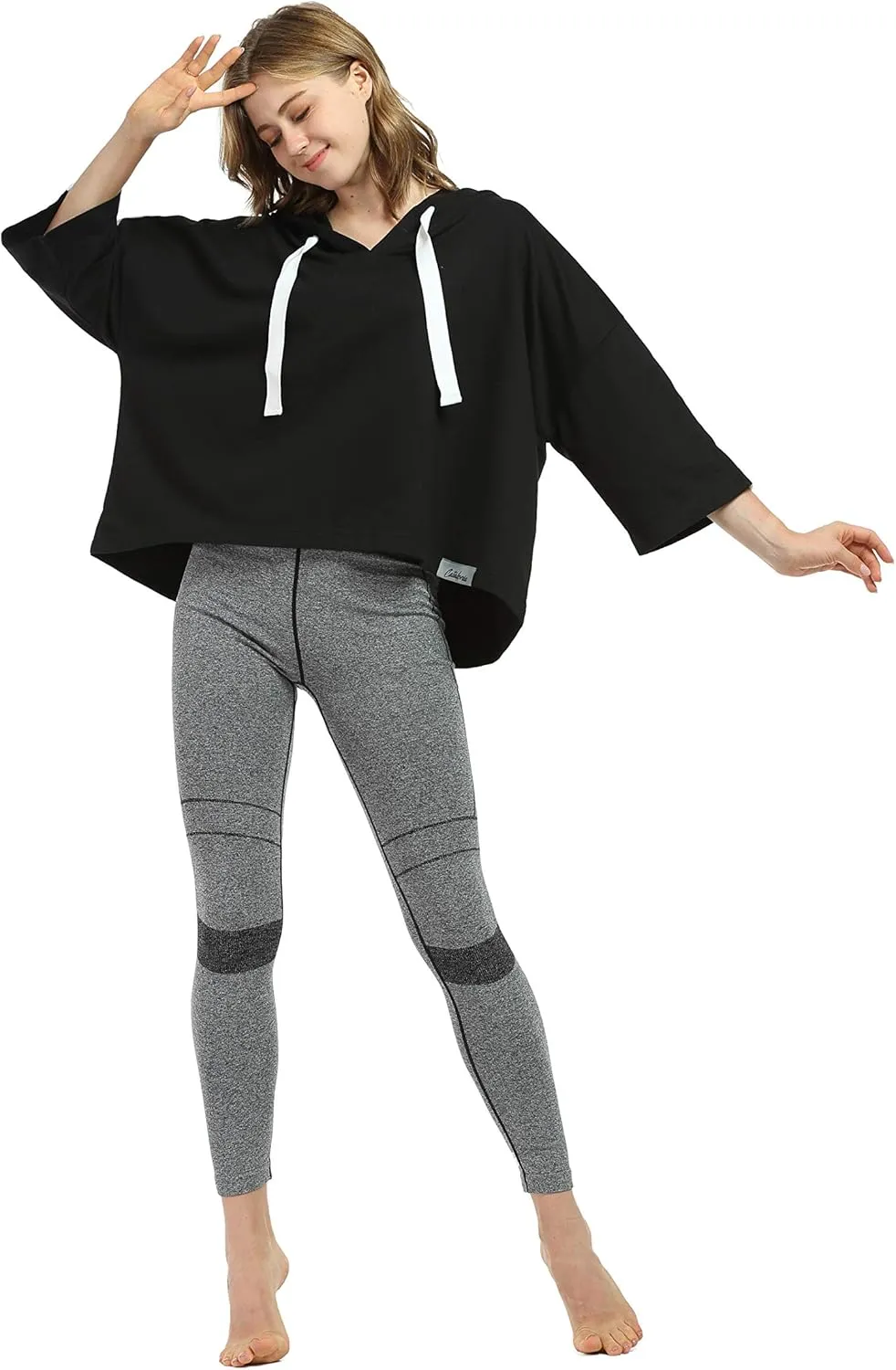 Women’s Casual Cropped Hoodie, 3/4 Sleeve Loose Pullover Sweatshirt Crop Top