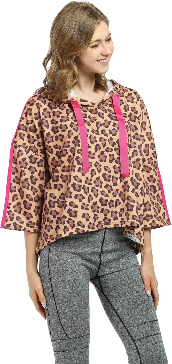 Women’s Casual Cropped Hoodie, 3/4 Sleeve Loose Pullover Sweatshirt Crop Top