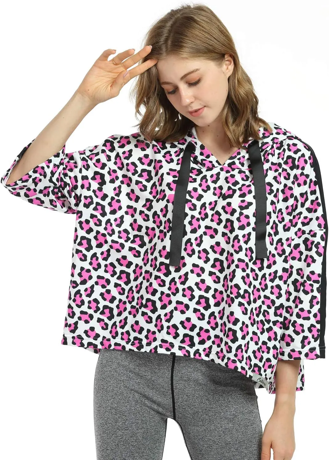 Women’s Casual Cropped Hoodie, 3/4 Sleeve Loose Pullover Sweatshirt Crop Top