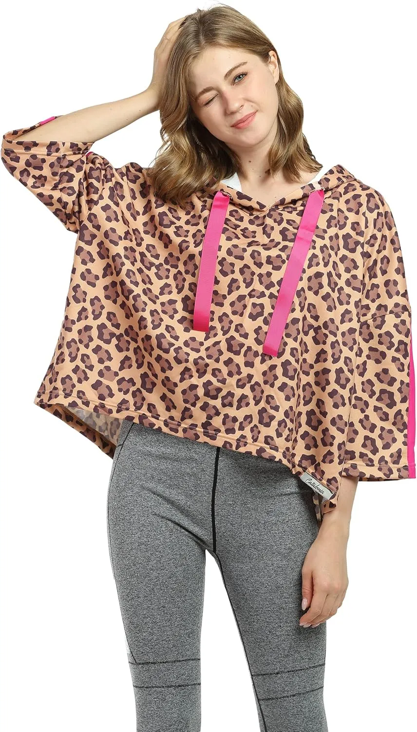Women’s Casual Cropped Hoodie, 3/4 Sleeve Loose Pullover Sweatshirt Crop Top