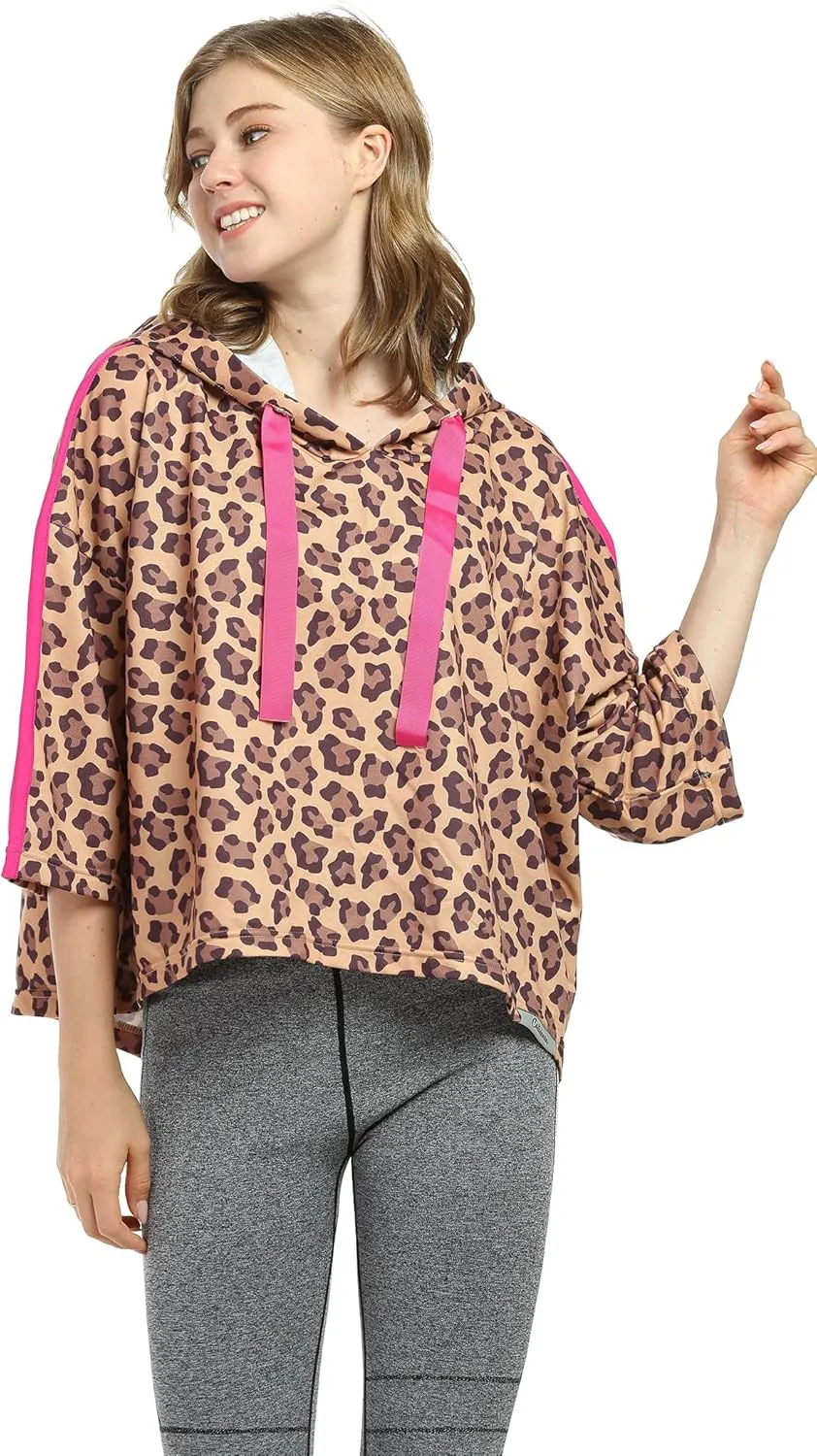 Women’s Casual Cropped Hoodie, 3/4 Sleeve Loose Pullover Sweatshirt Crop Top