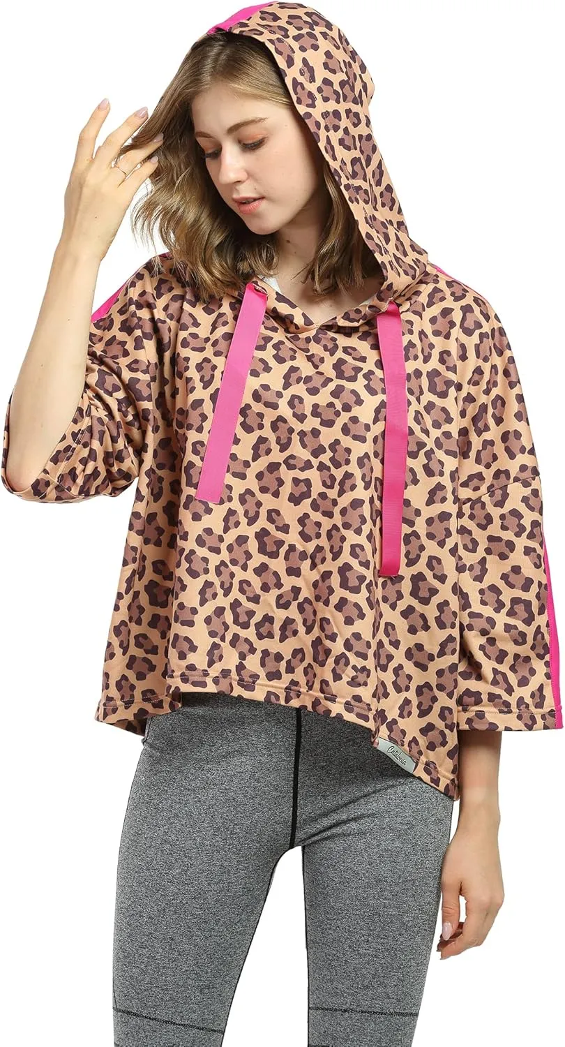 Women’s Casual Cropped Hoodie, 3/4 Sleeve Loose Pullover Sweatshirt Crop Top