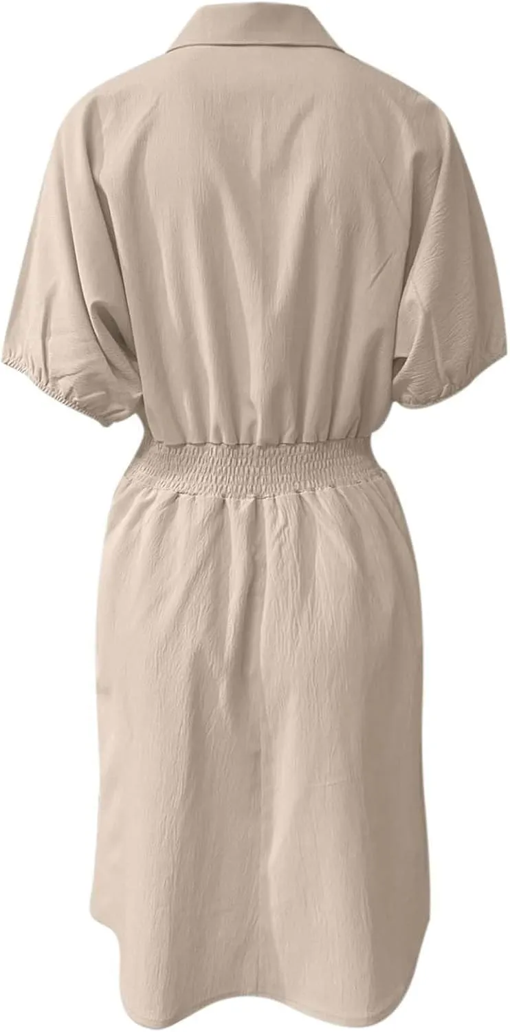 Women's Casual Dresses Cute Preppy V Neck Puff Short Sleeve Empire Waist Short Funeral Dress Baby Shower Outfit for Guest