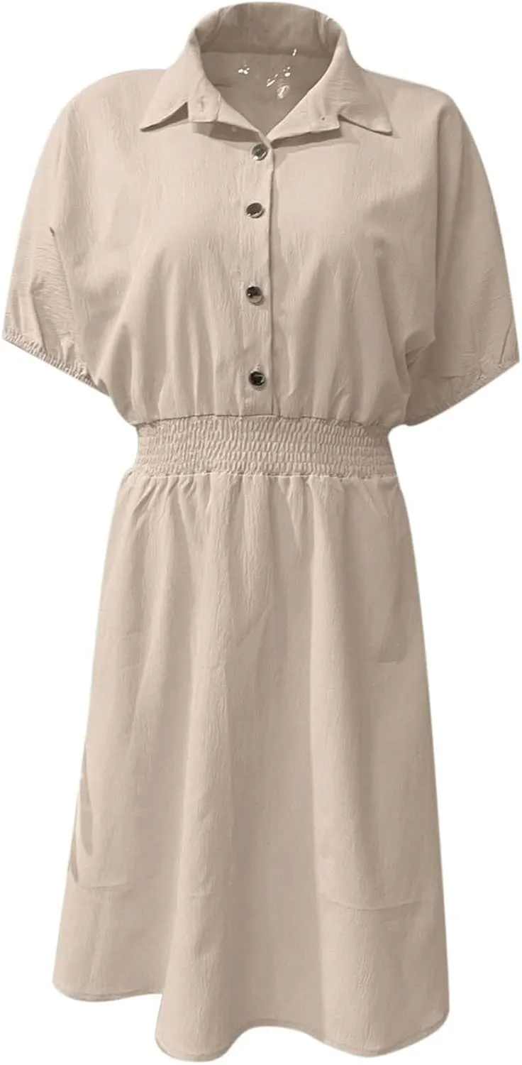 Women's Casual Dresses Cute Preppy V Neck Puff Short Sleeve Empire Waist Short Funeral Dress Baby Shower Outfit for Guest