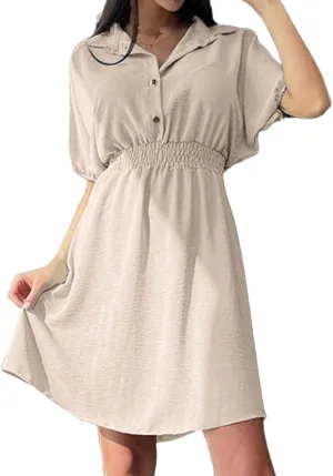 Women's Casual Dresses Cute Preppy V Neck Puff Short Sleeve Empire Waist Short Funeral Dress Baby Shower Outfit for Guest