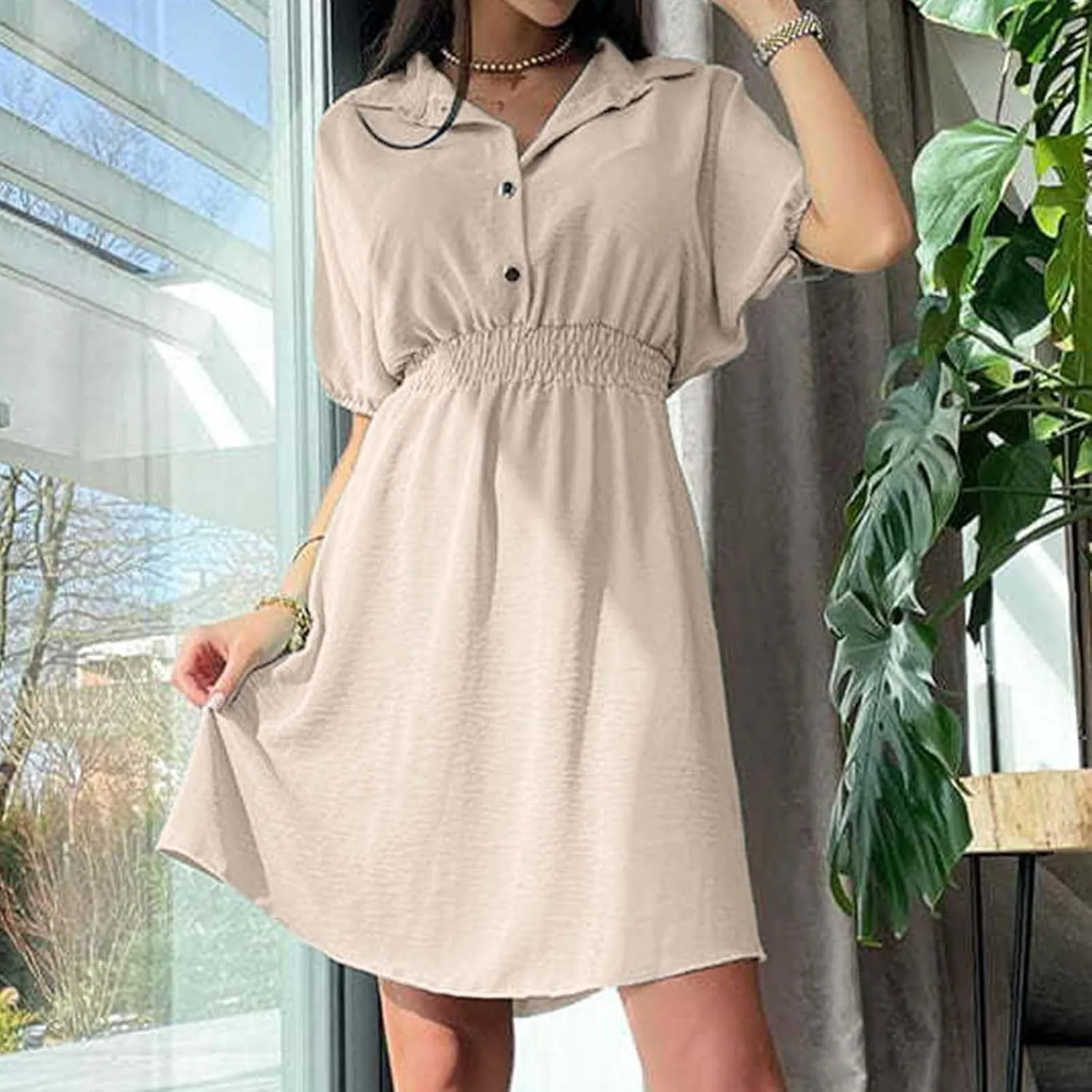 Women's Casual Dresses Cute Preppy V Neck Puff Short Sleeve Empire Waist Short Funeral Dress Baby Shower Outfit for Guest