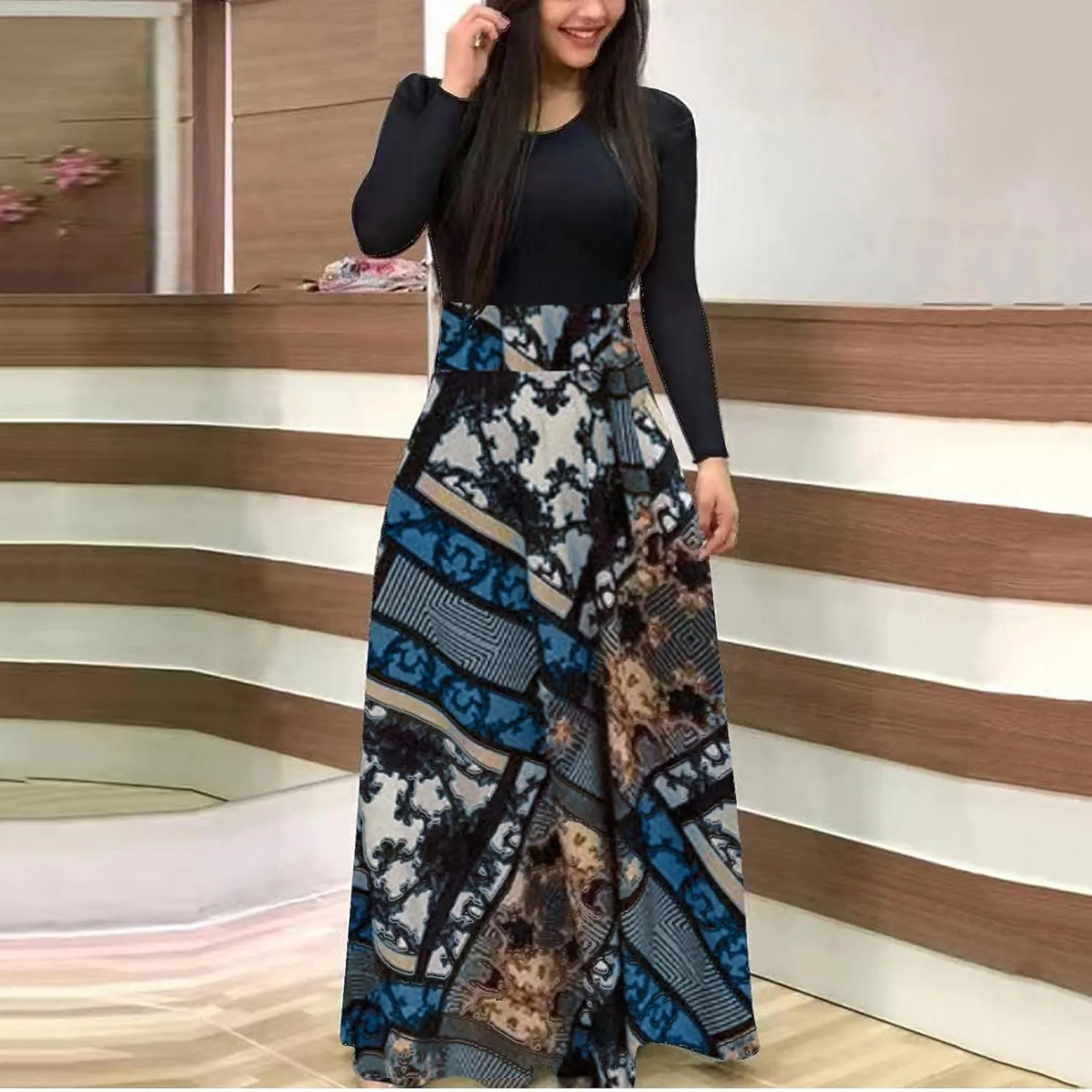 Women's Casual Dresses Floral Print Crewneck Maxi Dresses Long Sleeve Fall Dress