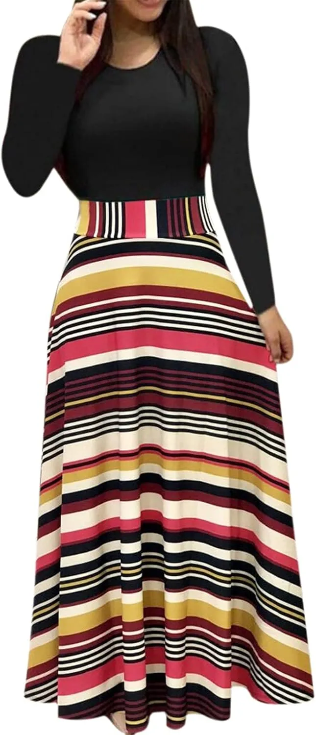 Women's Casual Dresses Floral Print Crewneck Maxi Dresses Long Sleeve Fall Dress