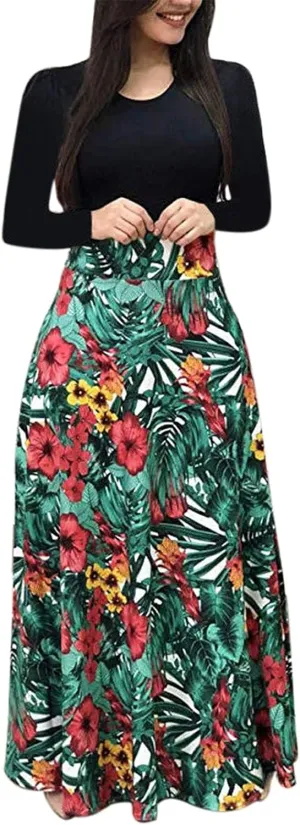Women's Casual Dresses Floral Print Crewneck Maxi Dresses Long Sleeve Fall Dress