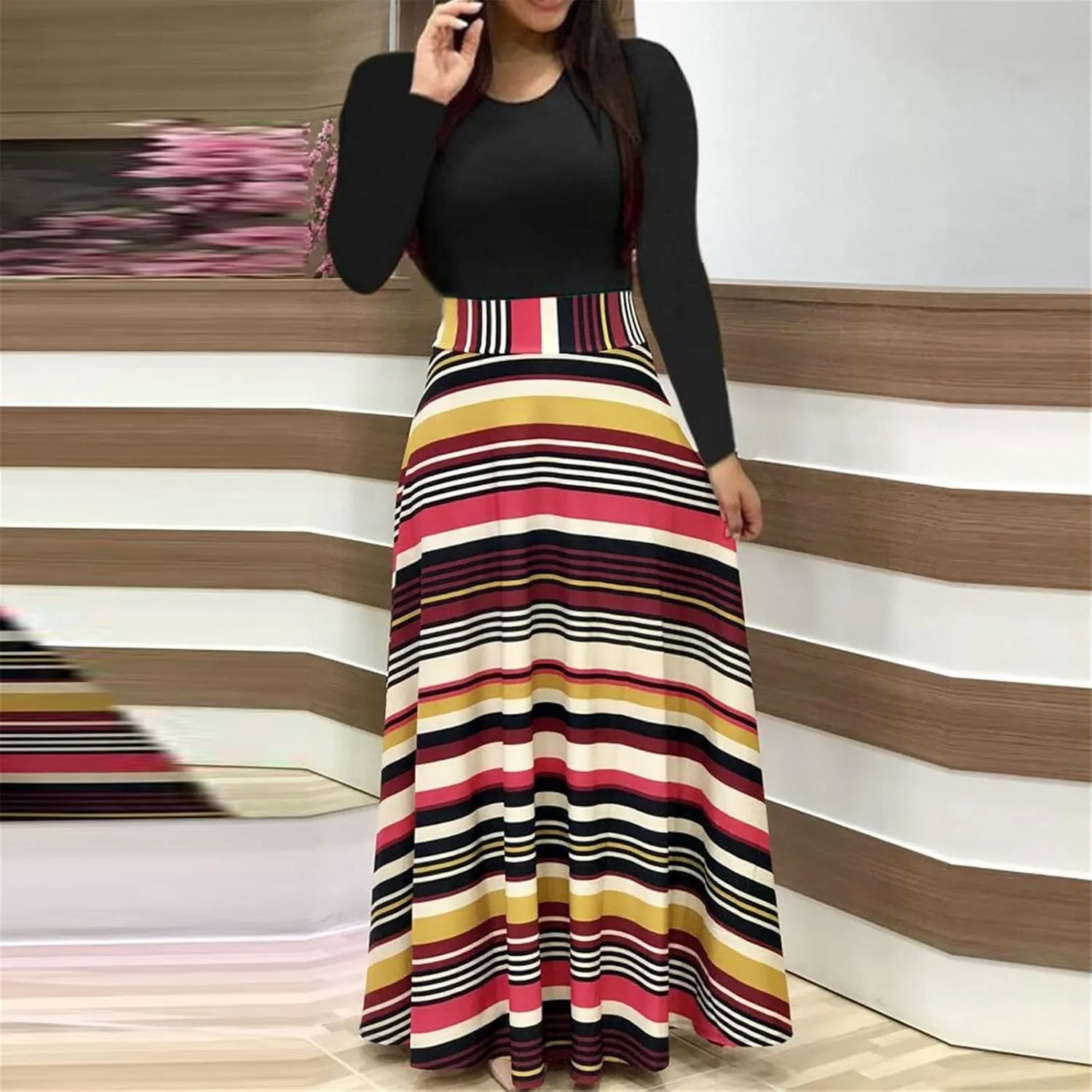 Women's Casual Dresses Floral Print Crewneck Maxi Dresses Long Sleeve Fall Dress