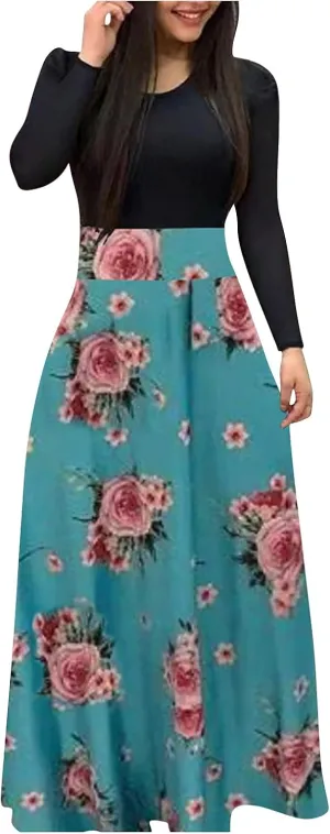 Women's Casual Dresses Floral Print Crewneck Maxi Dresses Long Sleeve Fall Dress