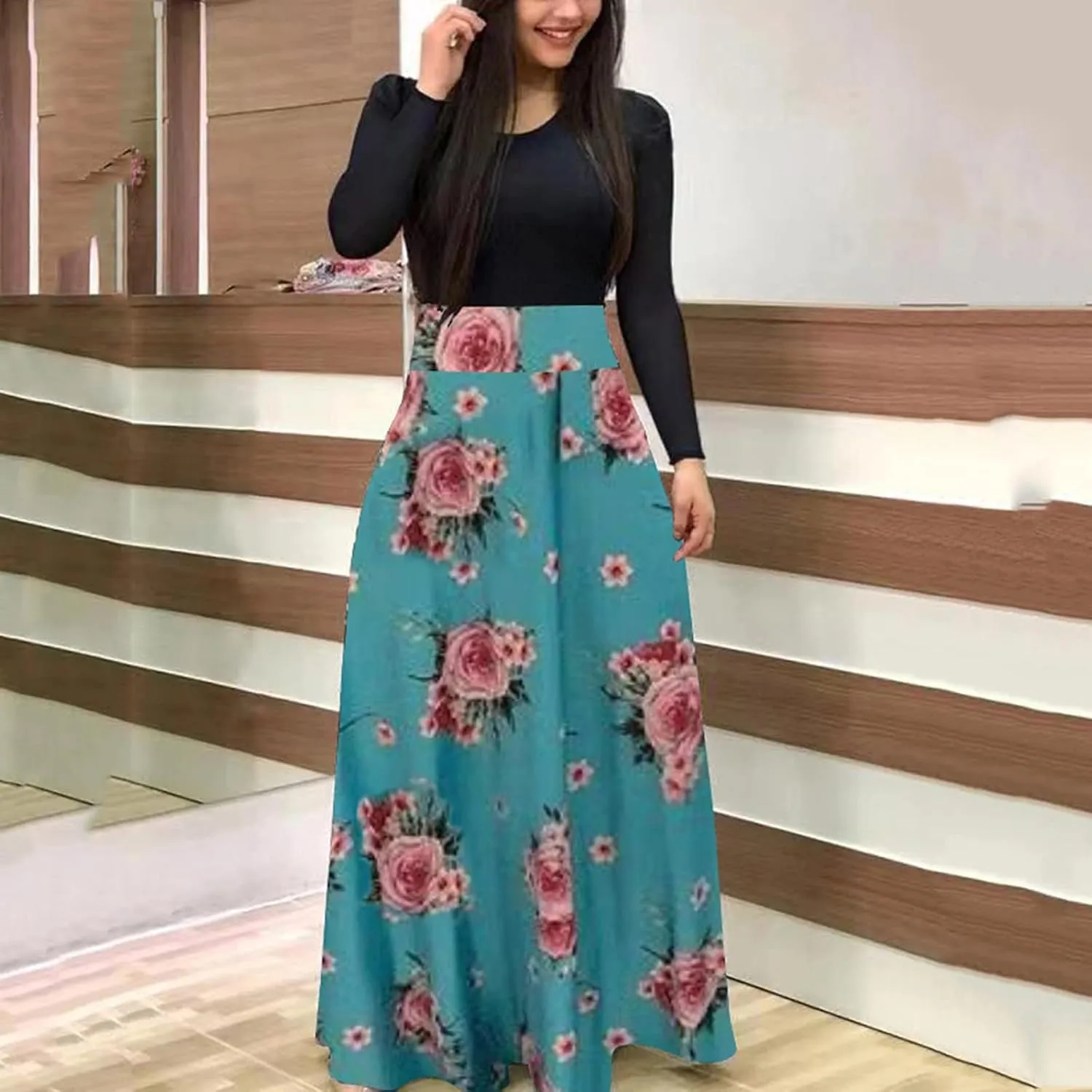 Women's Casual Dresses Floral Print Crewneck Maxi Dresses Long Sleeve Fall Dress