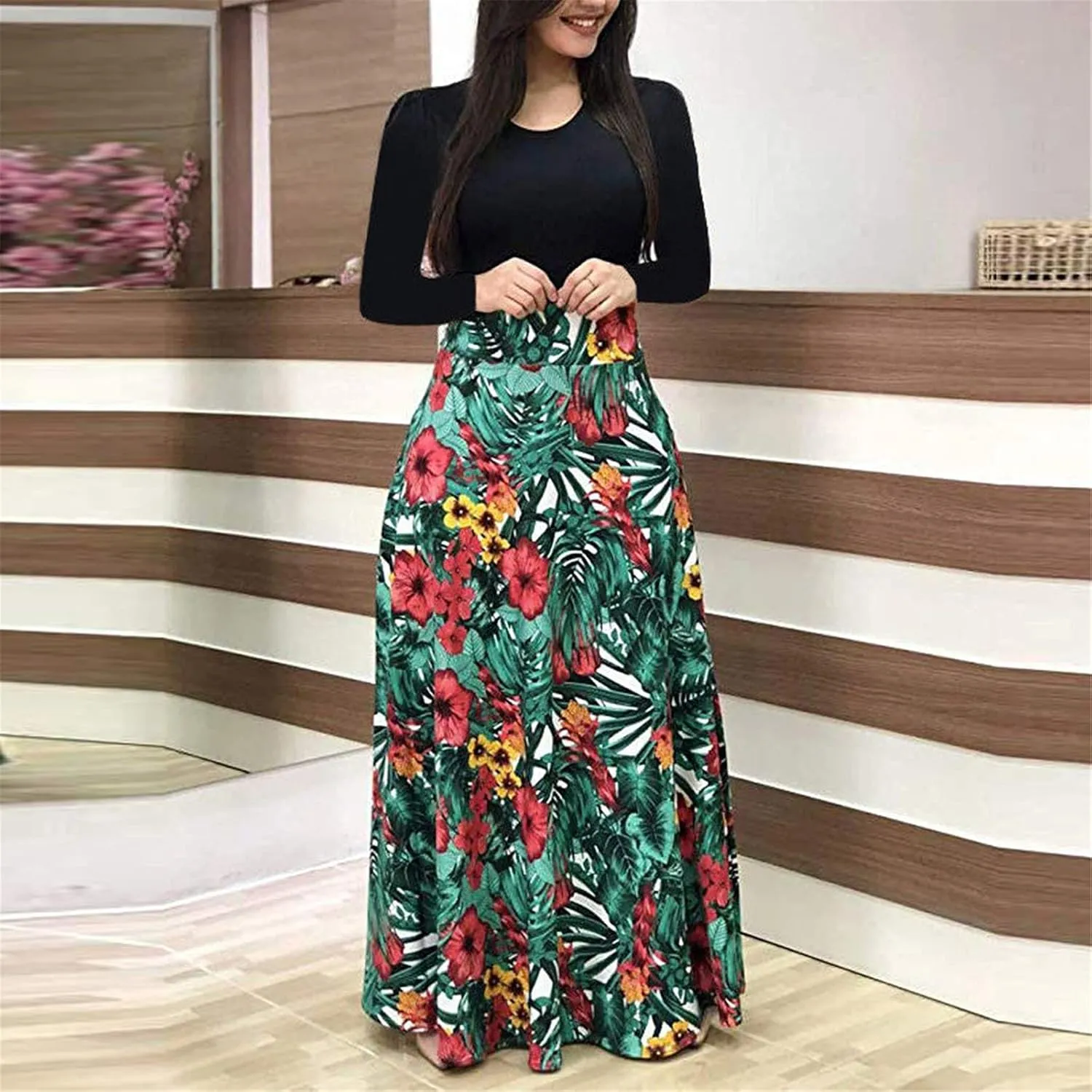Women's Casual Dresses Floral Print Crewneck Maxi Dresses Long Sleeve Fall Dress
