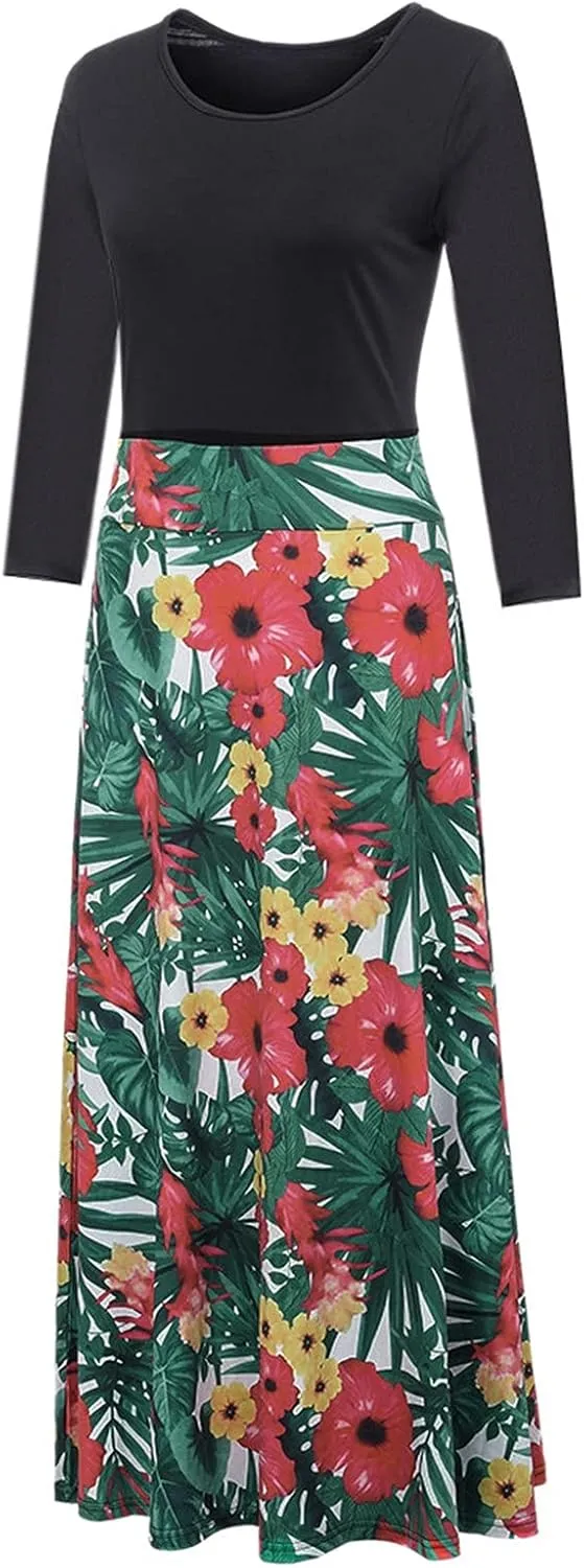Women's Casual Dresses Floral Print Crewneck Maxi Dresses Long Sleeve Fall Dress