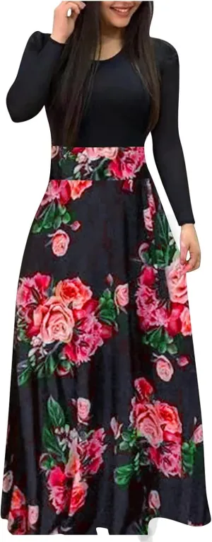 Women's Casual Dresses Floral Print Crewneck Maxi Dresses Long Sleeve Fall Dress