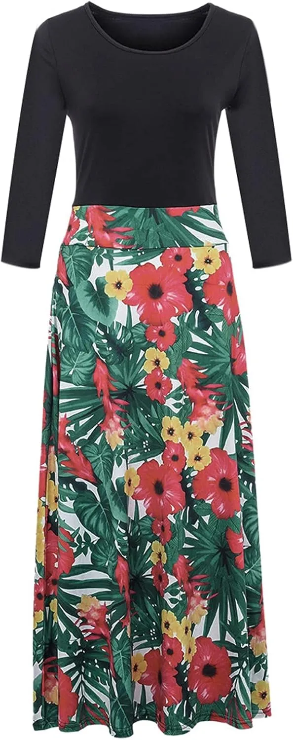 Women's Casual Dresses Floral Print Crewneck Maxi Dresses Long Sleeve Fall Dress